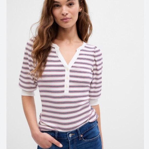 GAP Fitted Stripe Henley Puff Sleeve Top Size Medium - Picture 1 of 9